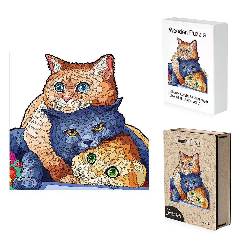 3 stacked cat original wooden puzzles - Unipuzzles