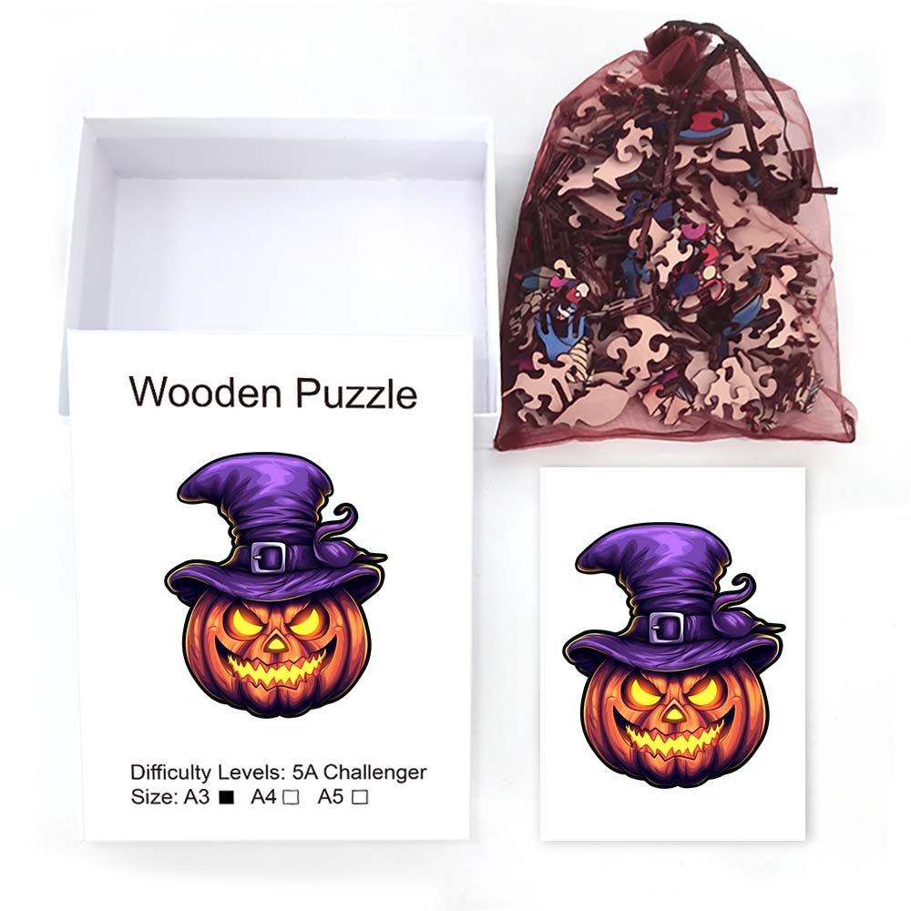 A jack-o '-lantern monster with a purple hat - Unipuzzles