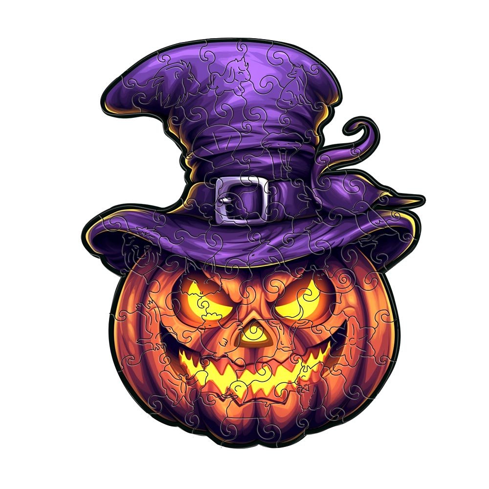 A jack-o '-lantern monster with a purple hat - Unipuzzles