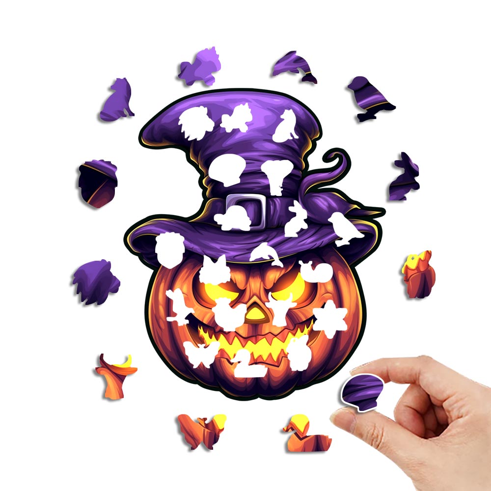 A jack-o '-lantern monster with a purple hat - Unipuzzles