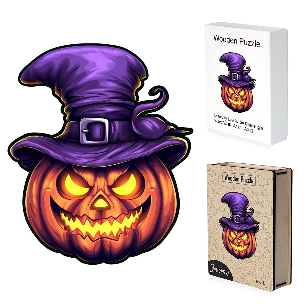 A jack-o '-lantern monster with a purple hat - Unipuzzles