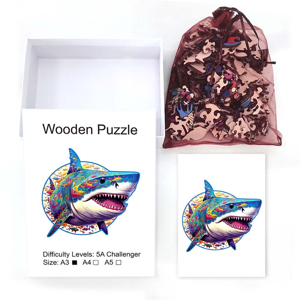 Blue and Purple Shark Wooden Puzzle Original Animal Figure - Unipuzzles