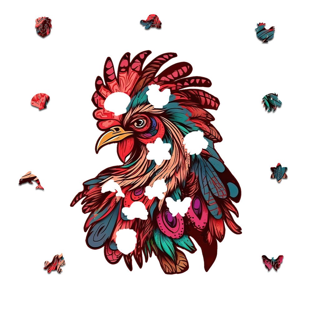 Burgundy Rooster Wooden Puzzle Original Animal Figure - Unipuzzles