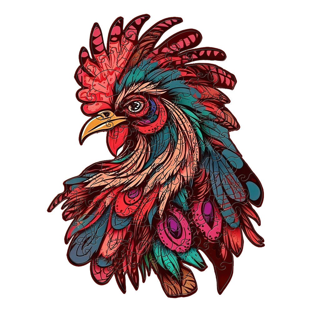 Burgundy Rooster Wooden Puzzle Original Animal Figure - Unipuzzles