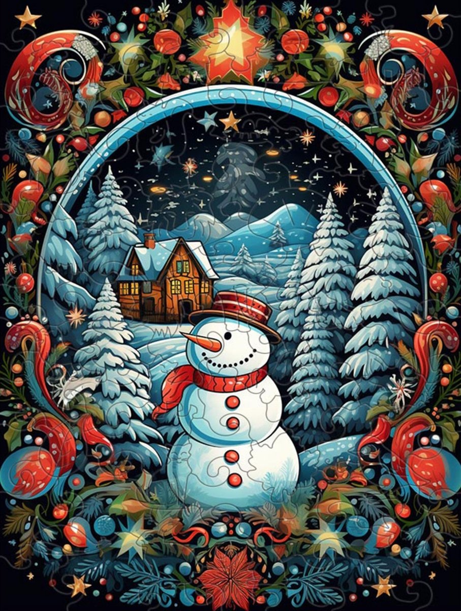 Decorative Painting Style Christmas Snowman Wooden Puzzle - Unipuzzles