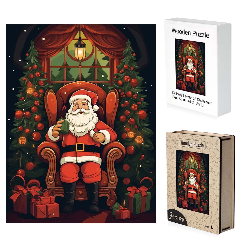 Father Christmas in Chair Wooden Original Jigsaw Puzzle - Unipuzzles