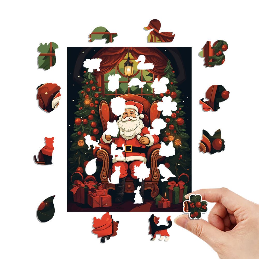 Father Christmas in Chair Wooden Original Jigsaw Puzzle - Unipuzzles