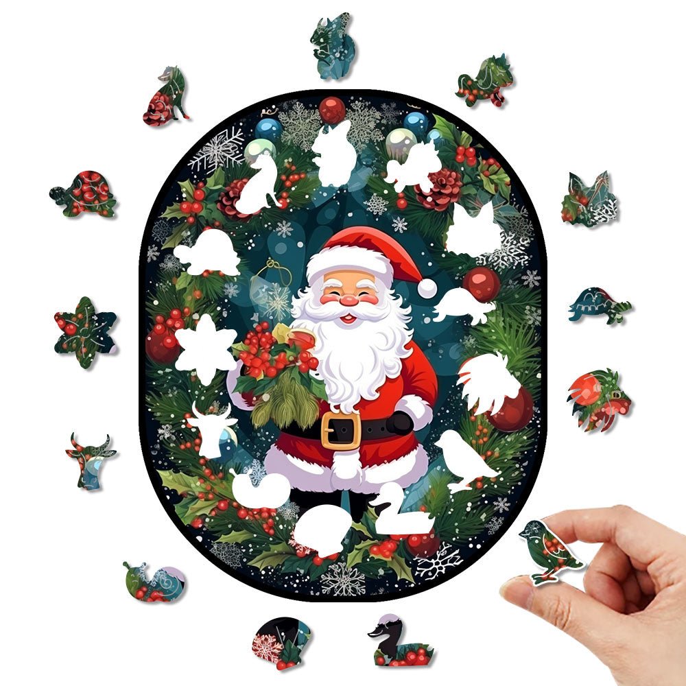 Father Christmas wooden jigsaw puzzle holding a bouquet of flowers - Unipuzzles