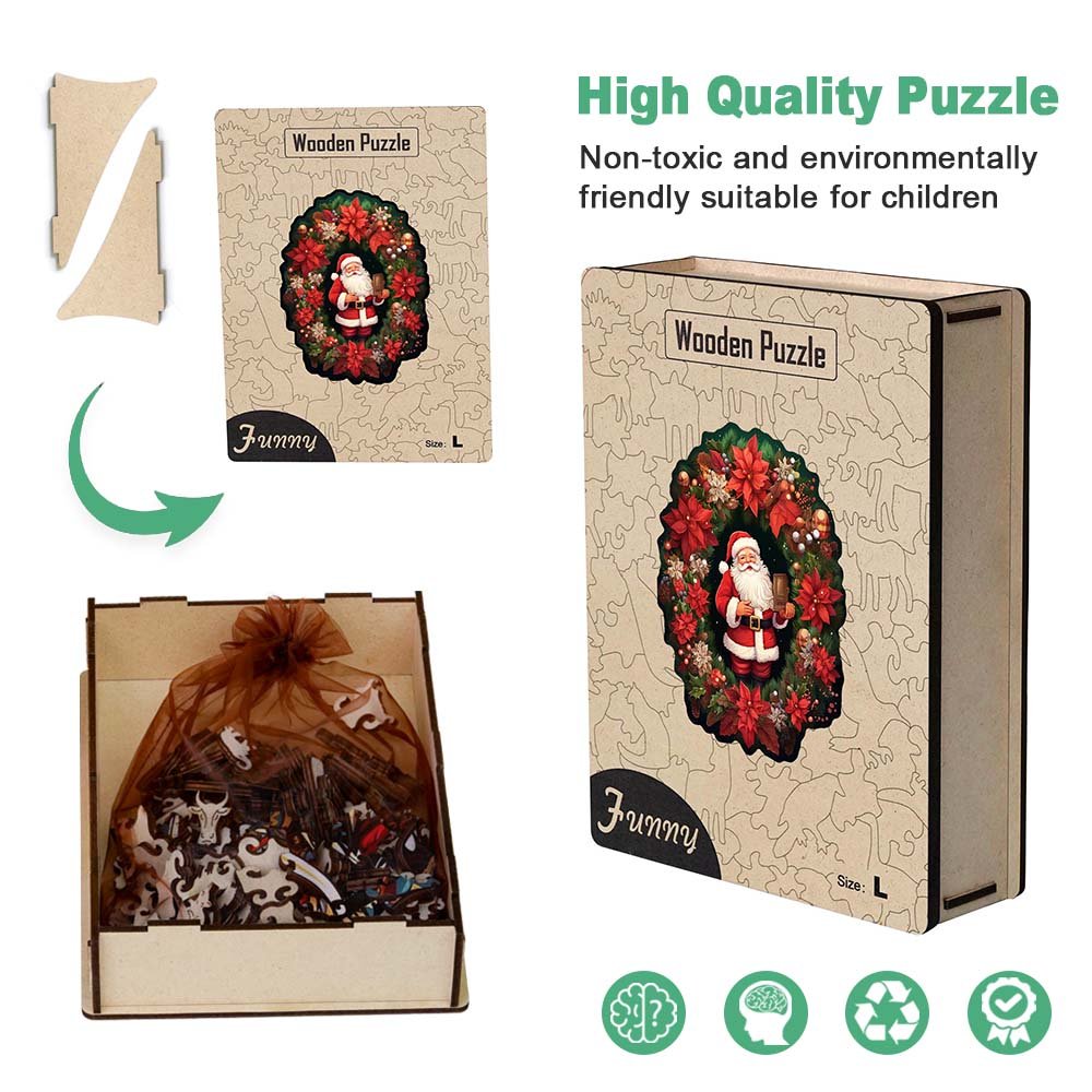 Father Christmas Wooden Puzzle Standing in the Middle of a Wreath - Unipuzzles