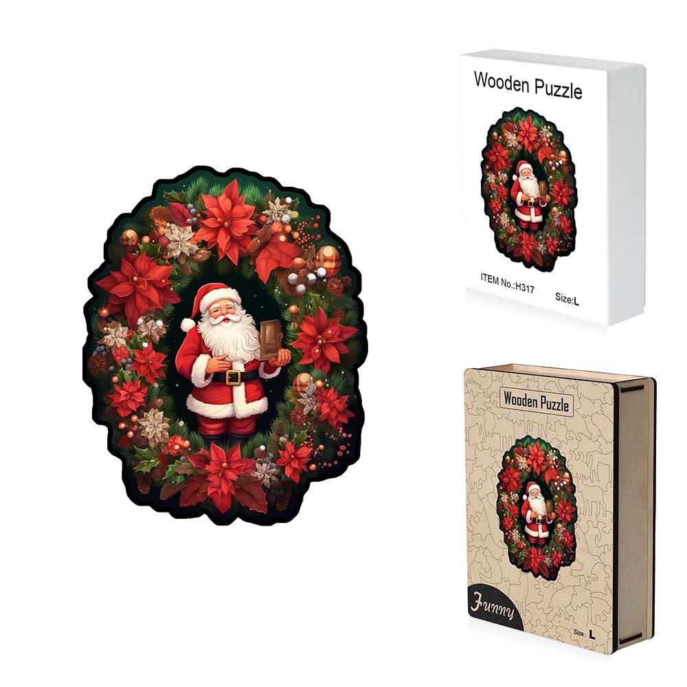 Father Christmas Wooden Puzzle Standing in the Middle of a Wreath - Unipuzzles