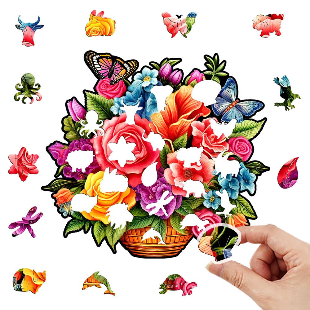 Flower baskets decorated with floral wooden jigsaw puzzles - Unipuzzles