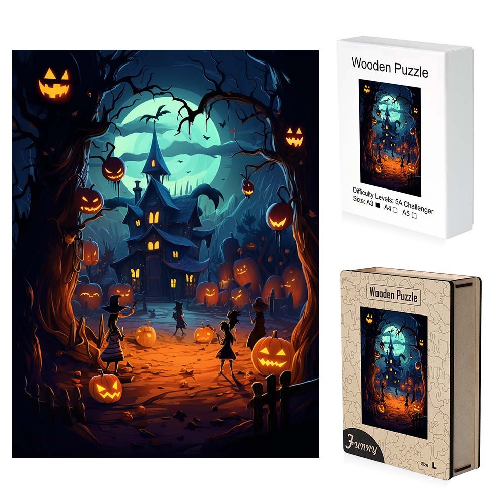 Halloween Full moon Ghost castle Wooden Jigsaw Puzzle - Unipuzzles