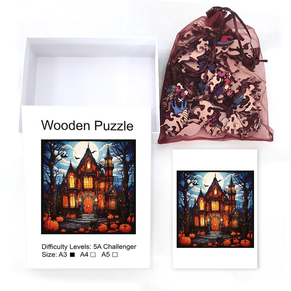 Halloween Haunted House And Full Moon Wooden Jigsaw Puzzle - Unipuzzles