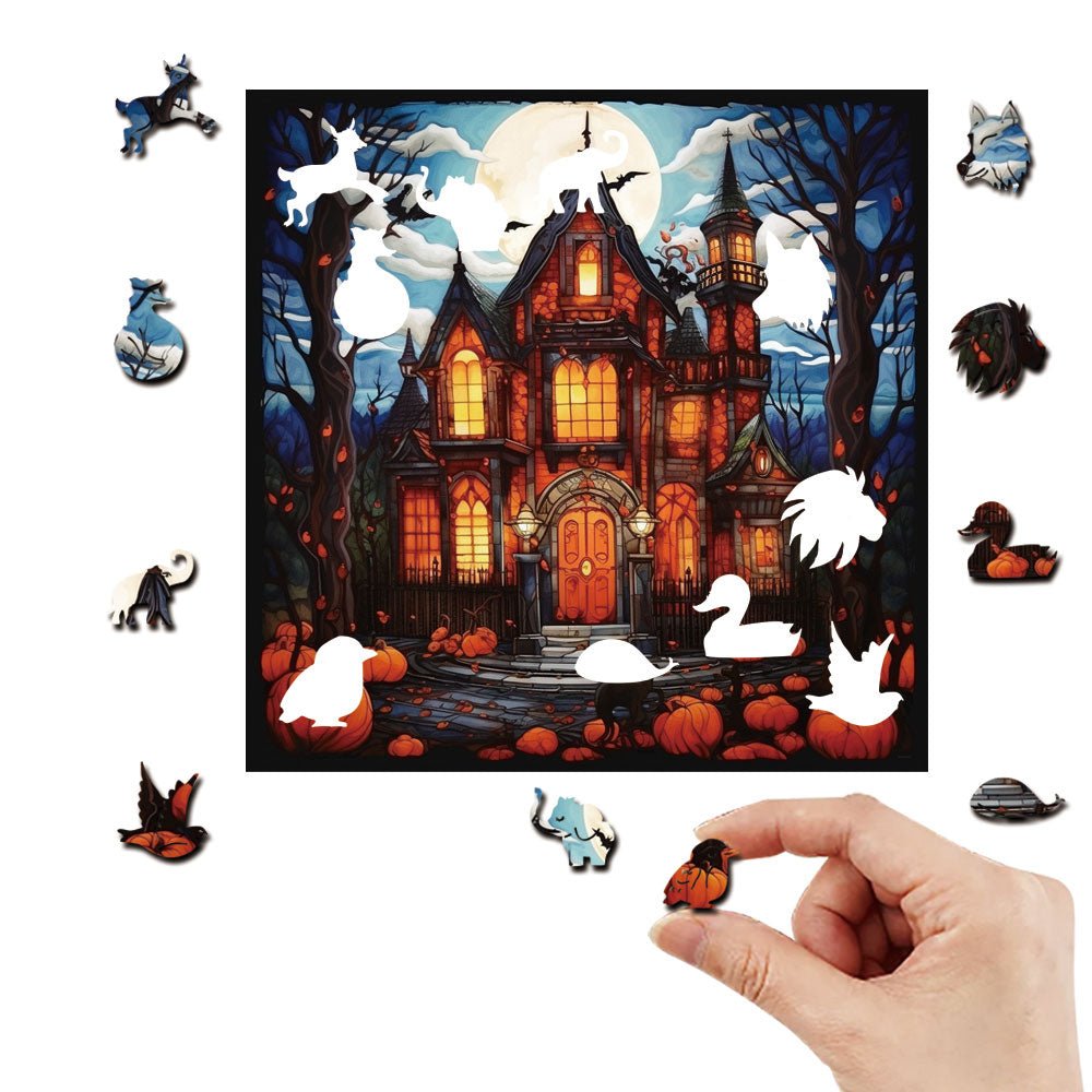 Halloween Haunted House And Full Moon Wooden Jigsaw Puzzle - Unipuzzles