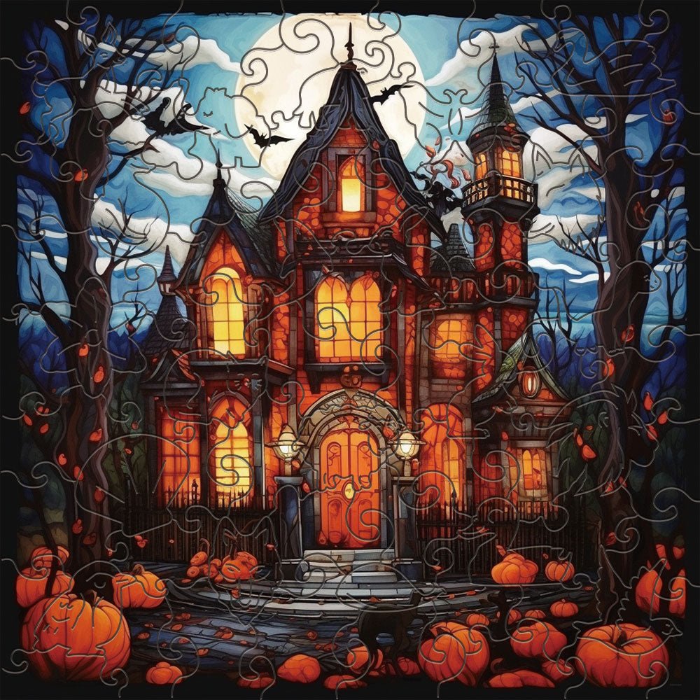 Halloween Haunted House And Full Moon Wooden Jigsaw Puzzle - Unipuzzles