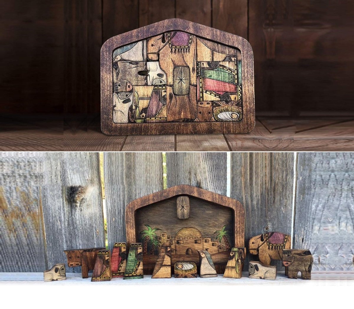 🧩💓Nativity Puzzle With Wood Burned Design Wooden Jesus Puzzles Set Jigsaw Game - Unipuzzles