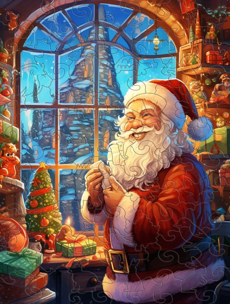 Organising presents with Father Christmas wooden jigsaw puzzle - Unipuzzles