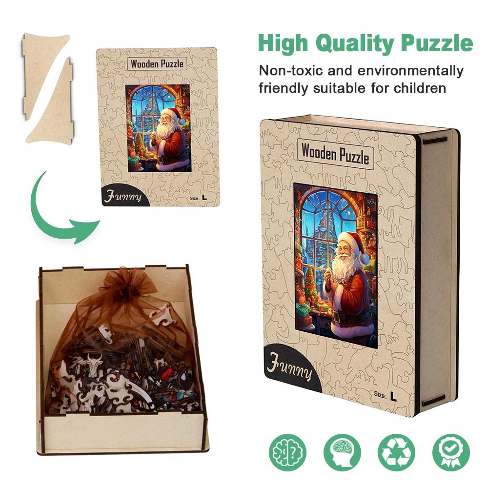 Organising presents with Father Christmas wooden jigsaw puzzle - Unipuzzles