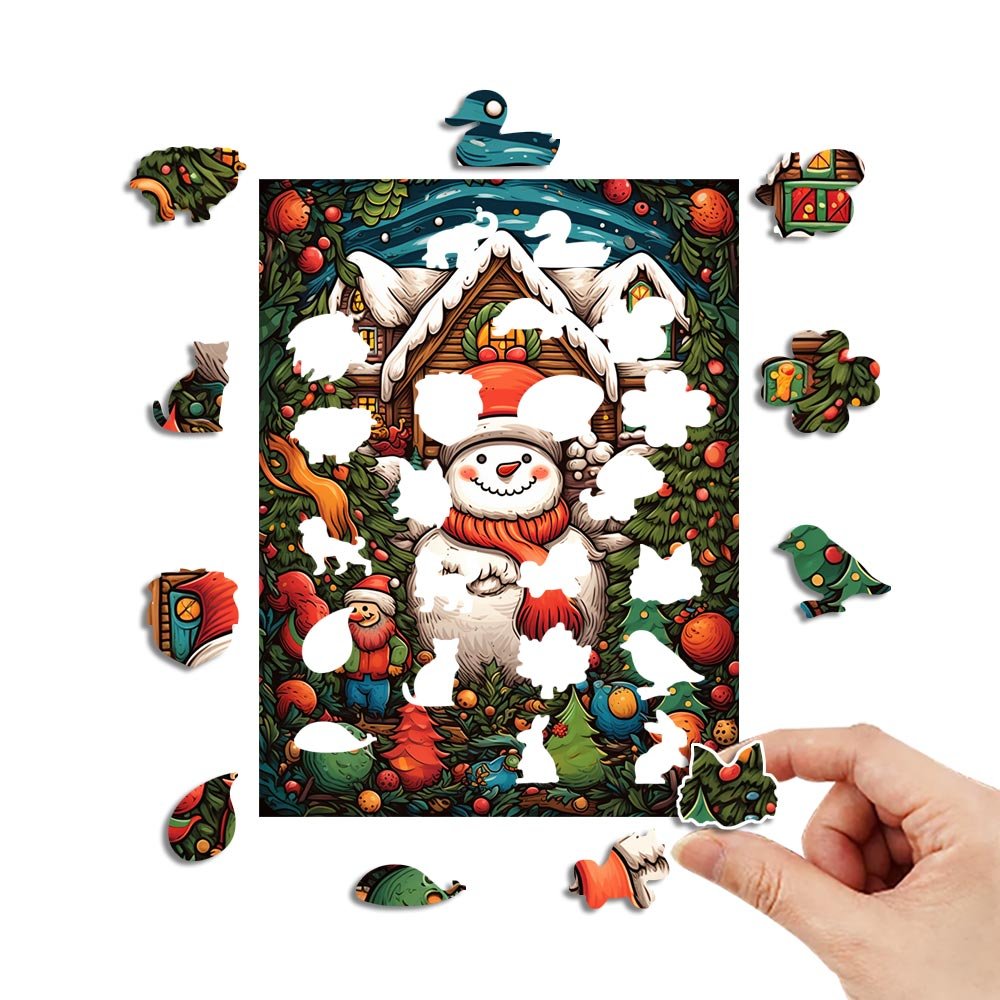 Painted Red Scarf Christmas Snowman Wooden Puzzle - Unipuzzles