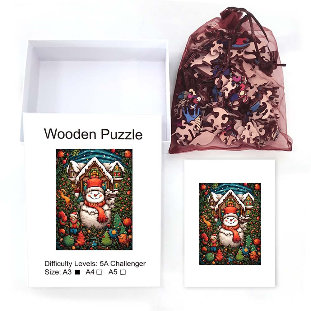 Painted Red Scarf Christmas Snowman Wooden Puzzle - Unipuzzles