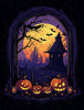 Pumpkin lanterns and the moon inside the arched Halloween door - Unipuzzles
