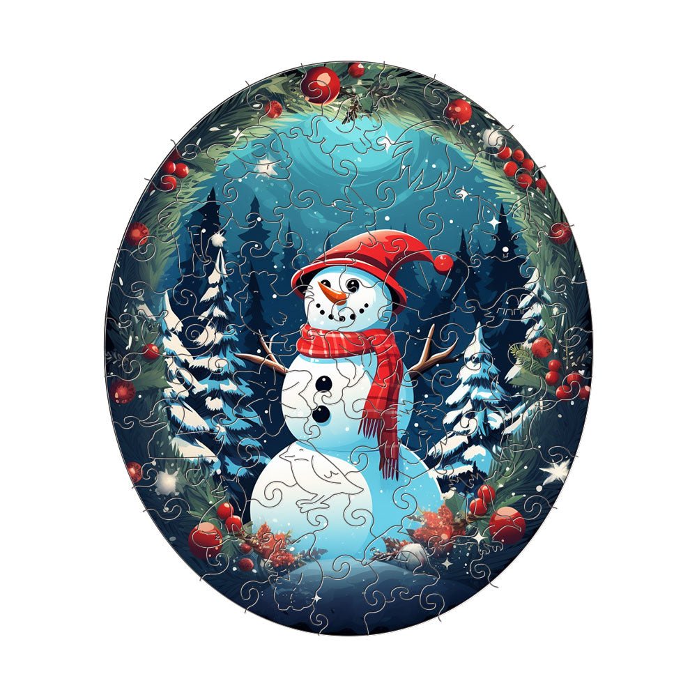 Round Winter Christmas Snowman Wooden Original Jigsaw Puzzle - Unipuzzles