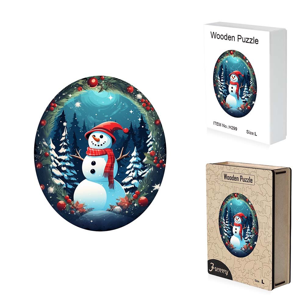 Round Winter Christmas Snowman Wooden Original Jigsaw Puzzle - Unipuzzles