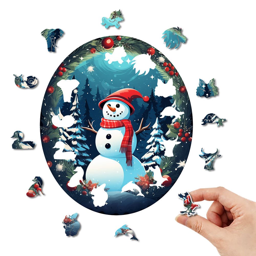 Round Winter Christmas Snowman Wooden Original Jigsaw Puzzle - Unipuzzles
