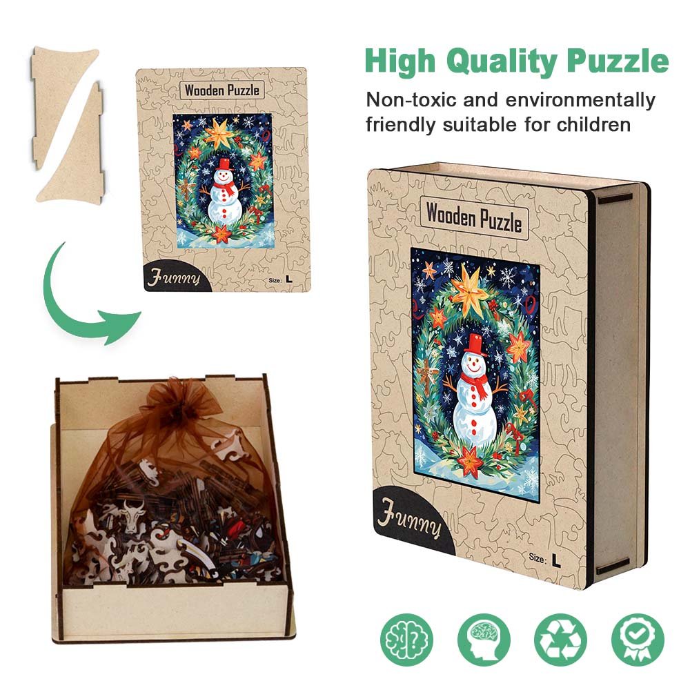 Snowman in front of Christmas wreath wooden original jigsaw puzzle - Unipuzzles