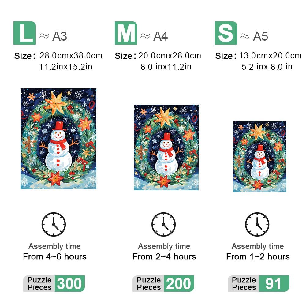 Snowman in front of Christmas wreath wooden original jigsaw puzzle - Unipuzzles
