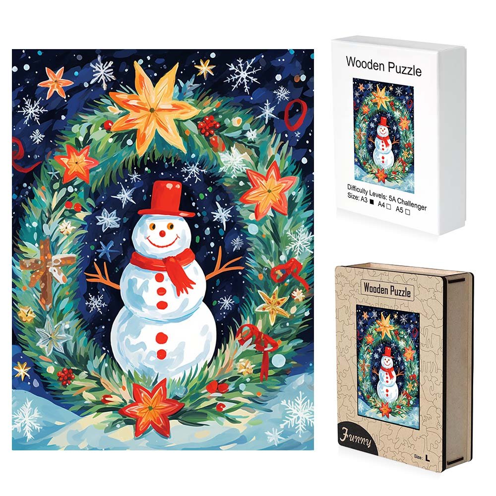 Snowman in front of Christmas wreath wooden original jigsaw puzzle - Unipuzzles