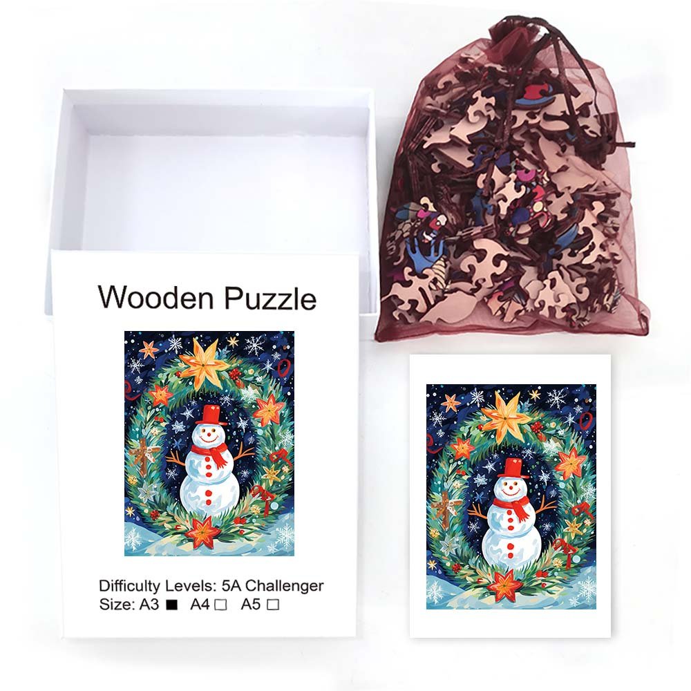 Snowman in front of Christmas wreath wooden original jigsaw puzzle - Unipuzzles
