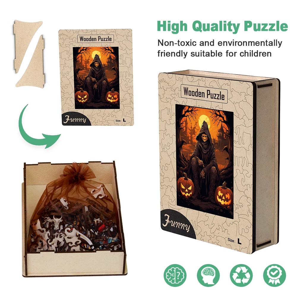 The wizard and two jack-o-lantern monsters in the night - Unipuzzles