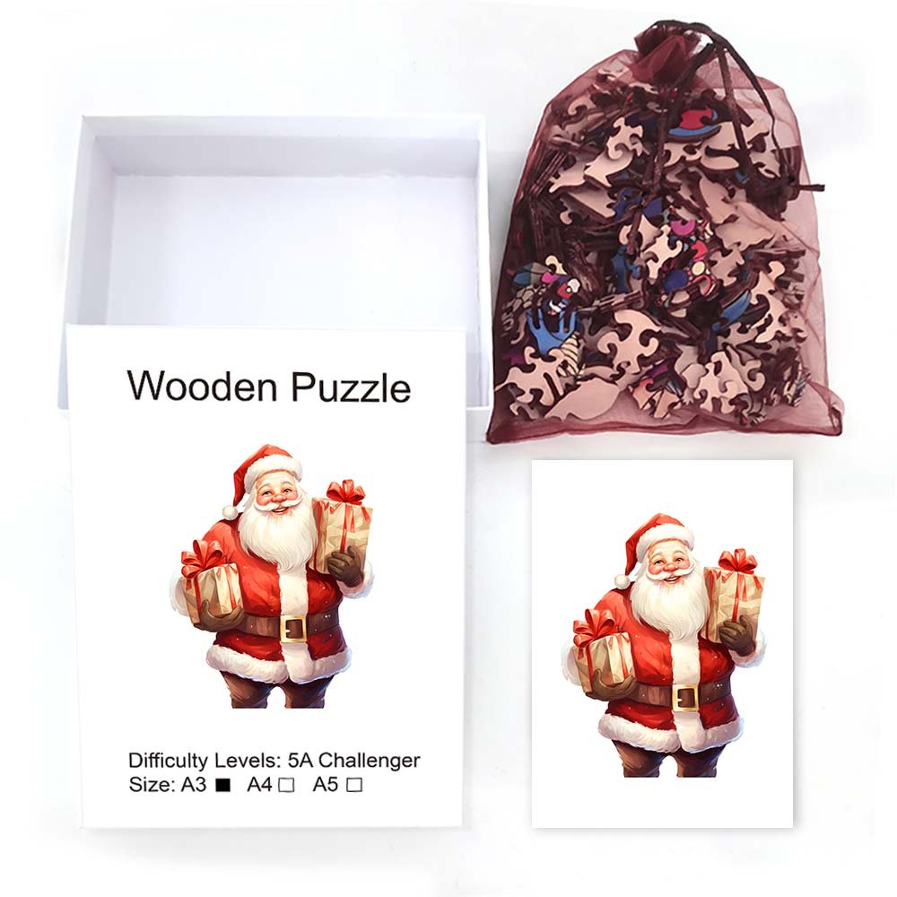 Watercolor Santa with Presents Wooden Jigsaw Puzzle - Unipuzzles