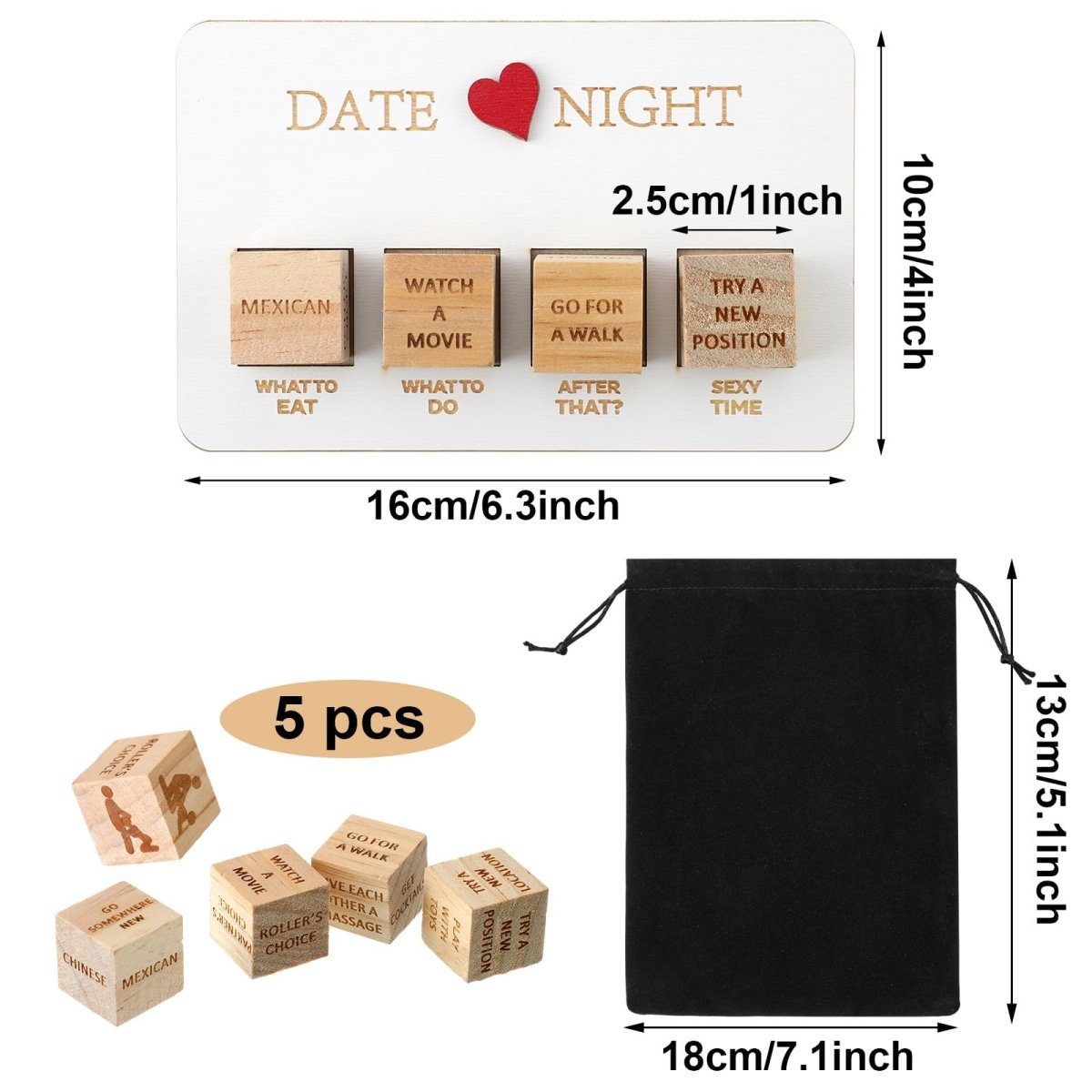 Wooden Date Night Dice Naughty Couple Dice Game for Him Funny Portable Couple Dice Kit for Adults Women Men Husband Girlfriend Boyfriend Valentine's Day Bridal Wedding Shower - Unipuzzles